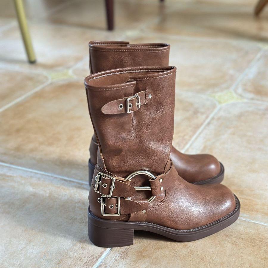 

2025 autumn and winter new retro Korean style old square head super medium boots short boots outdoor cowboy boots holiday height 40