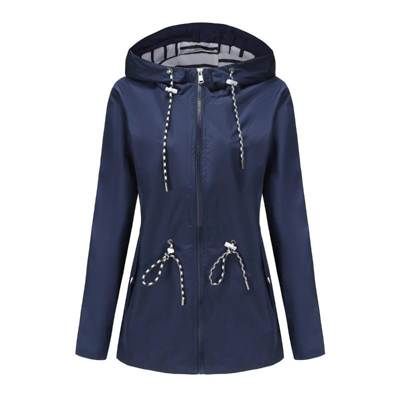 Red Waterproof Hooded Jacket Women Fashion Casual Coat Waist Drawstring Tie Zipper Switch Blue Green Yellow Black Windbreaker