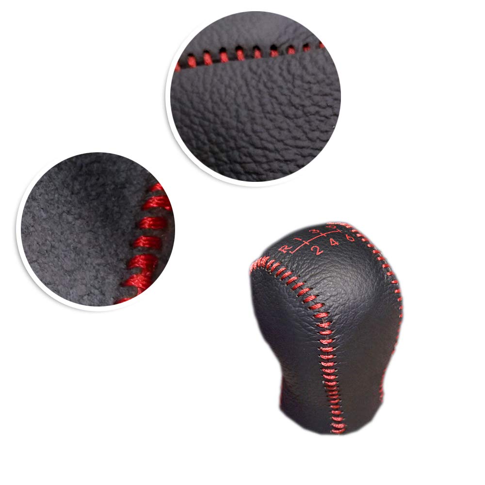 Gear Shift Knob Cover Black Leather + Red Stitch for