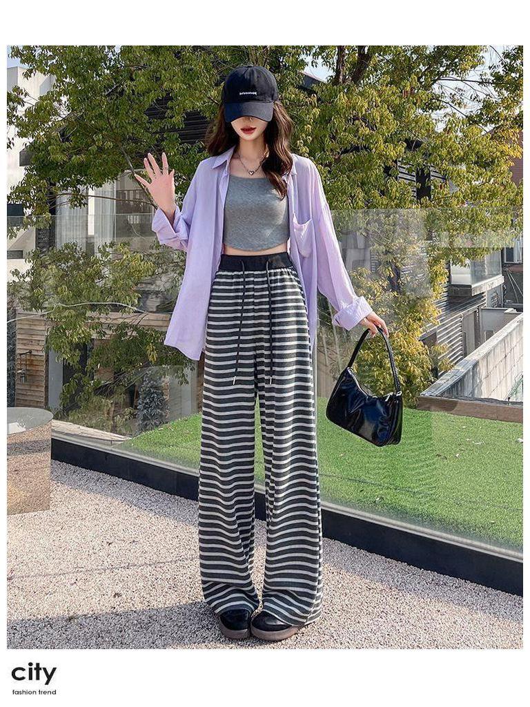 High-Waist Retro Striped Wide-Leg Pants with Drawstring - Women's Casual Floor-Length Knit for Autumn and Spring