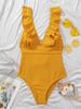 Europeisk och Amerikansk Stil Dammode Volangad Magekontrollerande Bikini Snörning i Ryggen Badkläder Djup Urringning Monokini Baddräkt En Del Rygglös Badklänning