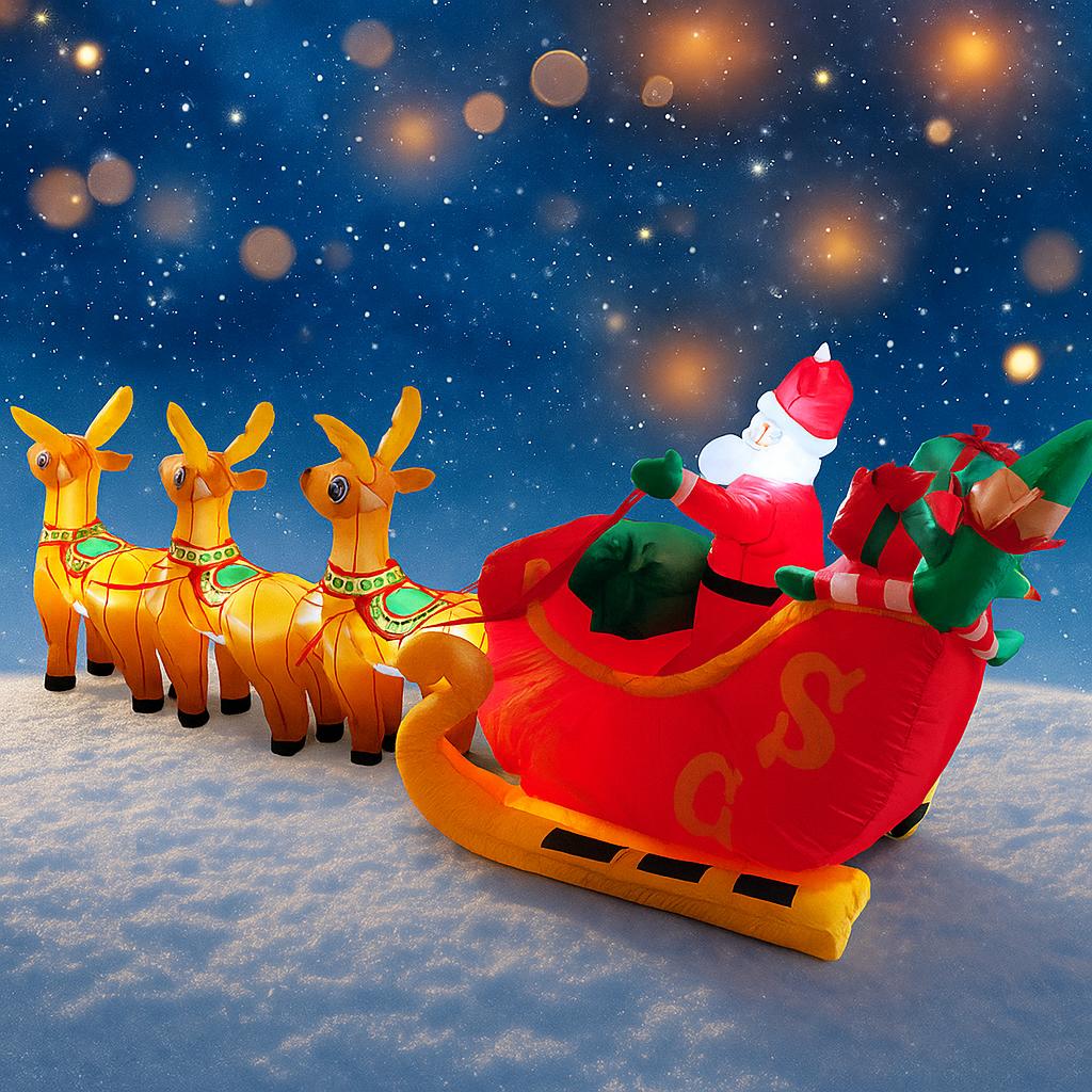 11.8FT LED Inflatable Christmas Yard Decora Santa Sleigh 3 Reindeer Xmas Toy Christmas Supplies Home Ornament Gift Holiday Decor
