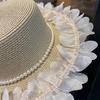 Wide Brim Flat Top Hat Pearl Trim Summer Hat New Straw Sun Hat  for Beach and Daily Wear