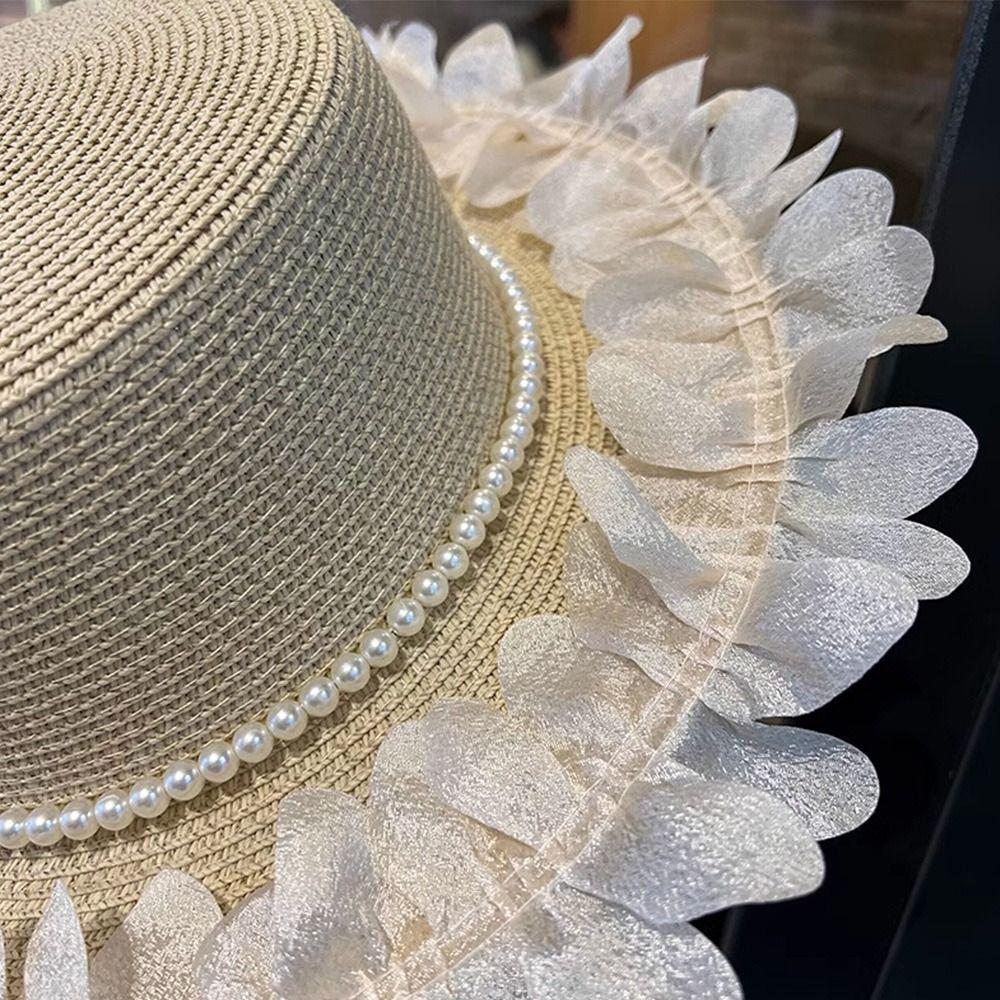 Wide Brim Flat Top Hat Pearl Trim Summer Hat New Straw Sun Hat for Beach and Daily Wear