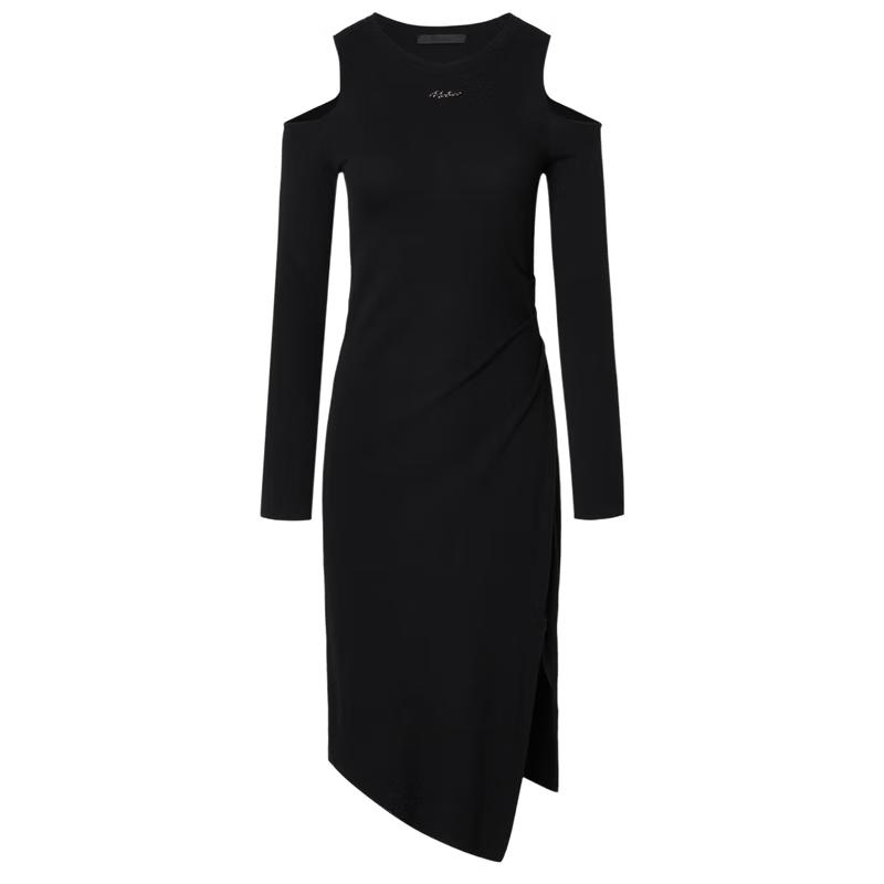 MO&Co. 2024 Spring Metal LOGO Off-Shoulder Irregular Slit Knit Dress