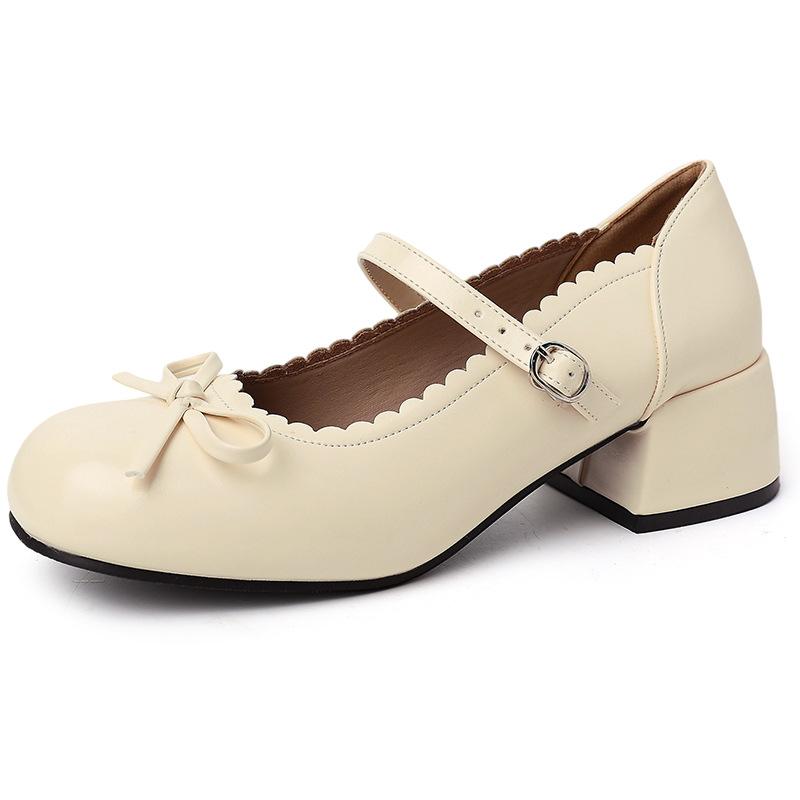 French bow thick heel Mary Jane single shoes summer one-button small leather shoes ballet women thick heel high heels