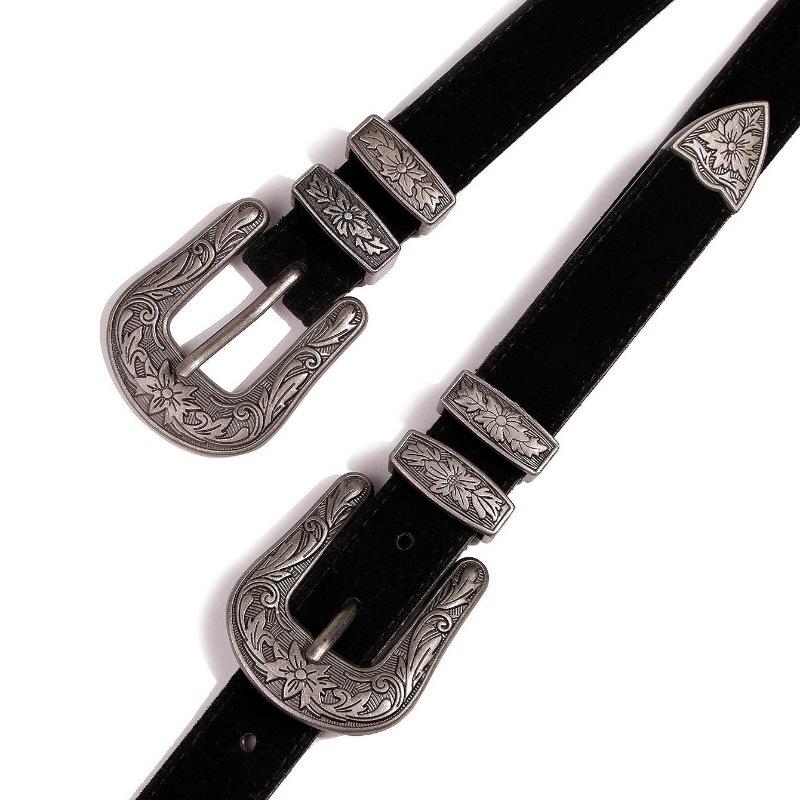 New Women's Western European and American Three-piece Black Deerskin Suede Belt Fashionable and Versatile Retro Carved Belt