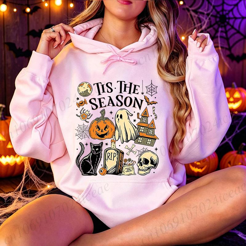 Vintage Halloween Hoodies Tis The Season Retro Ghost Spooky Season Halloween Sportwear Costume Y2K Halloween Sweatshirts Tops