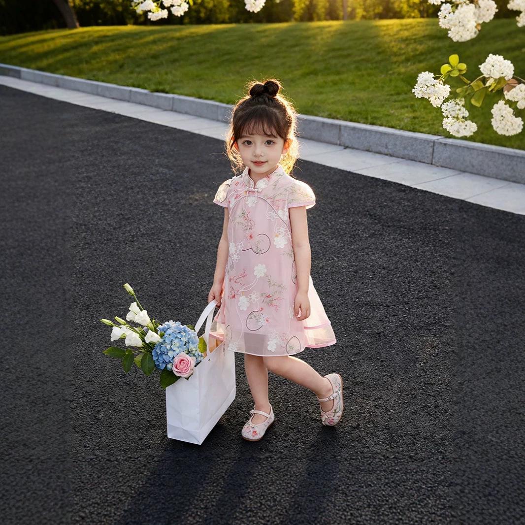 2026 Girls Summer Hanfu Qipao Dress - Stylish Chinese Princess Style 130 cm