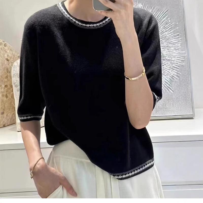 Knitted Short-sleeved Women's Spring and Summer New Fashionable and Elegant Versatile T-shirt Contrasting Style Base Shirt Top