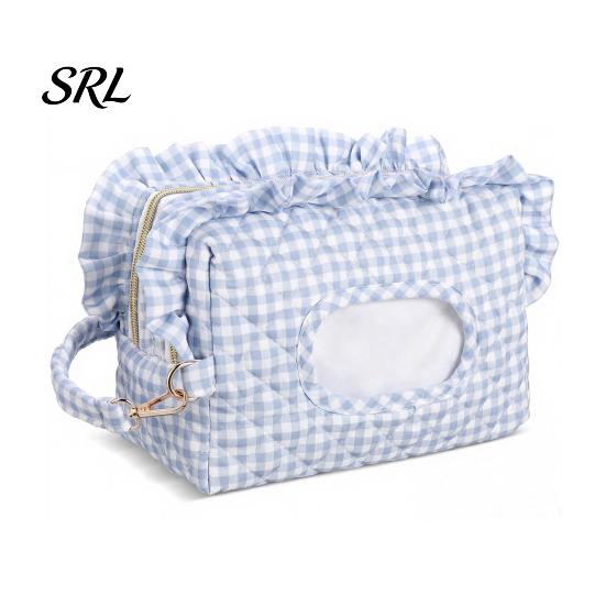 Portable Baby Wipe Dispenser Quilted Diaper Wipes Bag with Hanging Strap, Dual Compartment Zipper Plaid Ruffle Storage Pouch Bag, Large Capacity