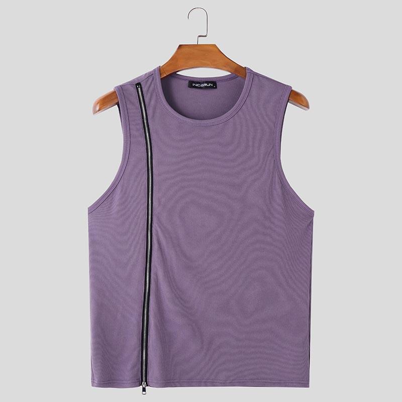 INCERUN Summer Men O Neck Zip-up Sleeveless Rib Sport Casual Fitted Tank Tops