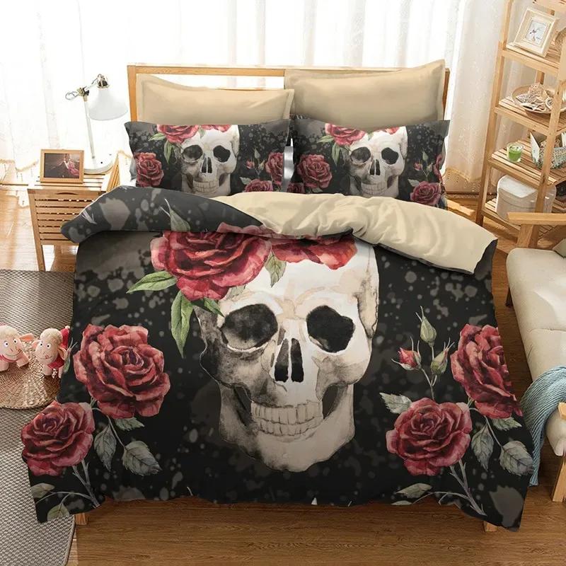 Socker Skalle Påslakanset Queen Size Blommor Skelett Sängkläder Dubbelt Sängklädesset Med Örngott King Size Skalle Täcke