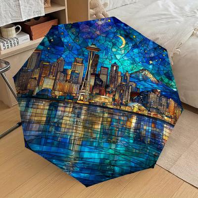 1PC Stained Glass Seattle Pattern Small Travel Automatic Folding Umbrella, Compact Windproof Umbrella, Automatic Open/Close ,Gift-091514