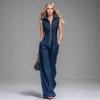 2026 Damen Waschbarer Denim-Jumpsuit Vintage Stehkragen Reißverschluss Ärmellos Gerades Bein