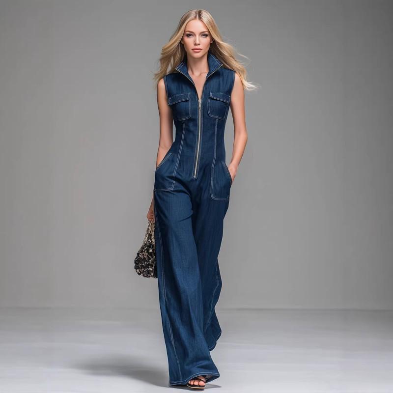 2026 Damen Waschbarer Denim-Jumpsuit Vintage Stehkragen Reißverschluss Ärmellos Gerades Bein