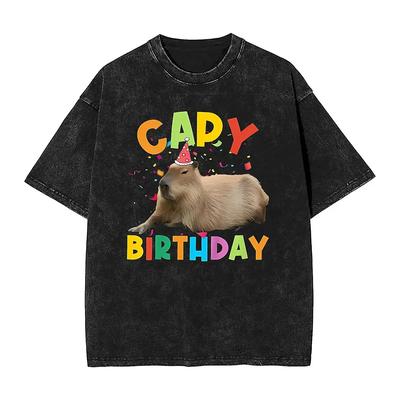 Vintage gewaschenes T-Shirt lustiges Tier Wasserschwein lockere T-Shirts Geburtstags-T-Shirt für Männer Sommer Y2K Basic bedruckte Oberteile Tees