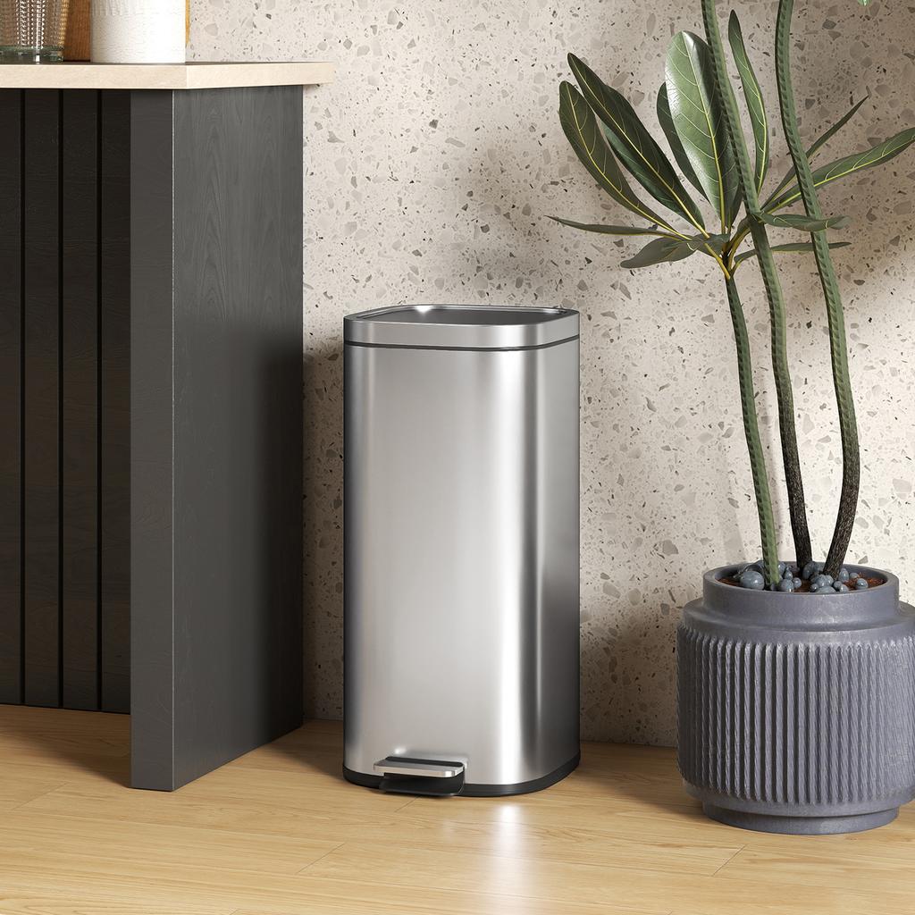 Kitchen Bin 30L, Pedal Bin with Removable Inner Bucket, Soft-close Lid, 29x36x59.5cm, Silver