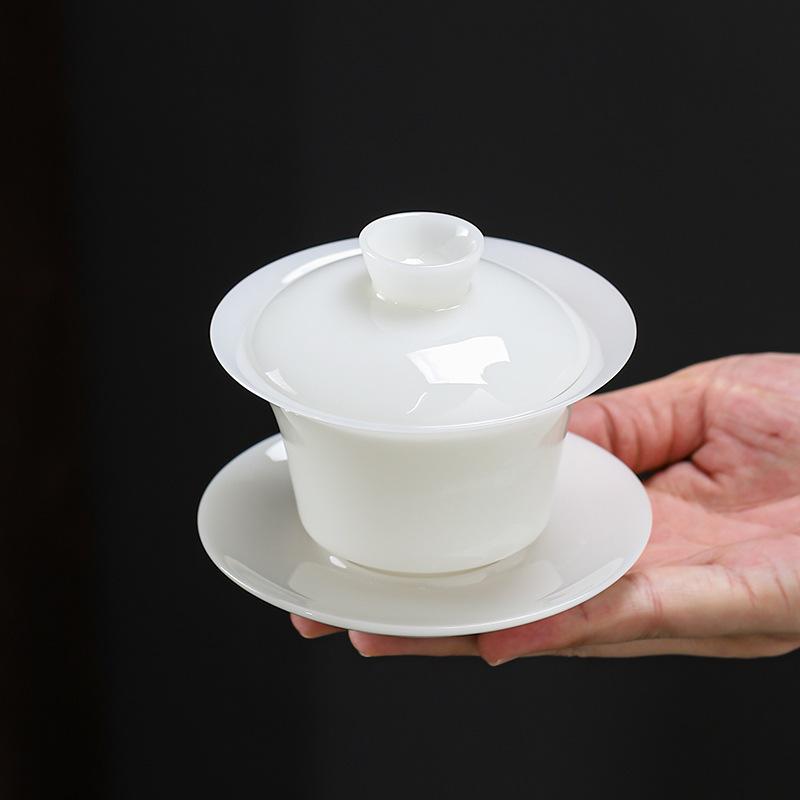 Pure Jade White Porcelain Tea Bowl Ceramic Sheep Fat Jade Three Talents Lid Bowl Gaiwan