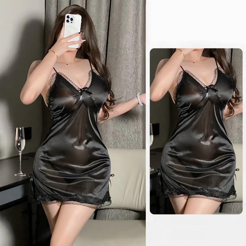 

Сексуальная женская полупрозрачная ночная сорочка, атласная ночная сорочка на подтяжках, короткая, тонкое кружево, разрез, бант, женская экзотическая ночная сорочка, одежда для сна one size чёрный