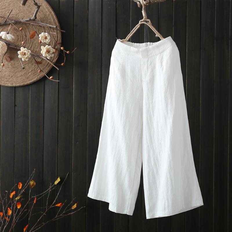 

Модные повседневные женские широкие брюки с эластичной талией из хлопка, тонкие свободные летние укороченные брюки с высокой талией, элегантные брюки больших размеров 1099 2XL белый