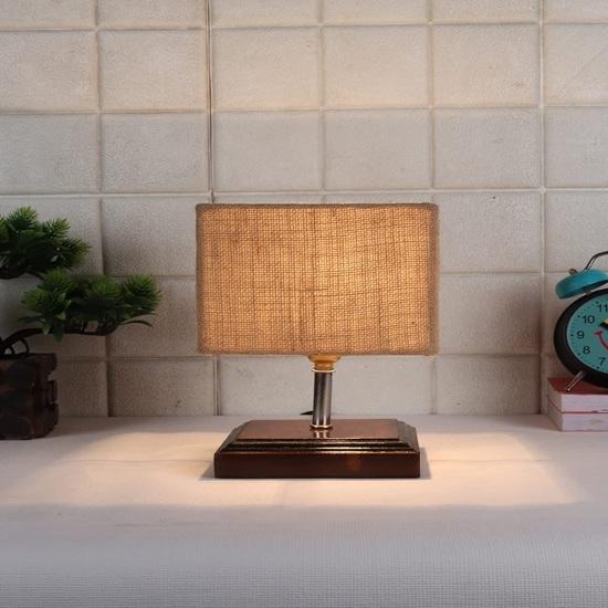22.86 Cm Square Wood Table Lamp with Beige Jute Shade Bedroom, Dining Room, Hotel Room, Living Room, Office Decor Bulb Not Included