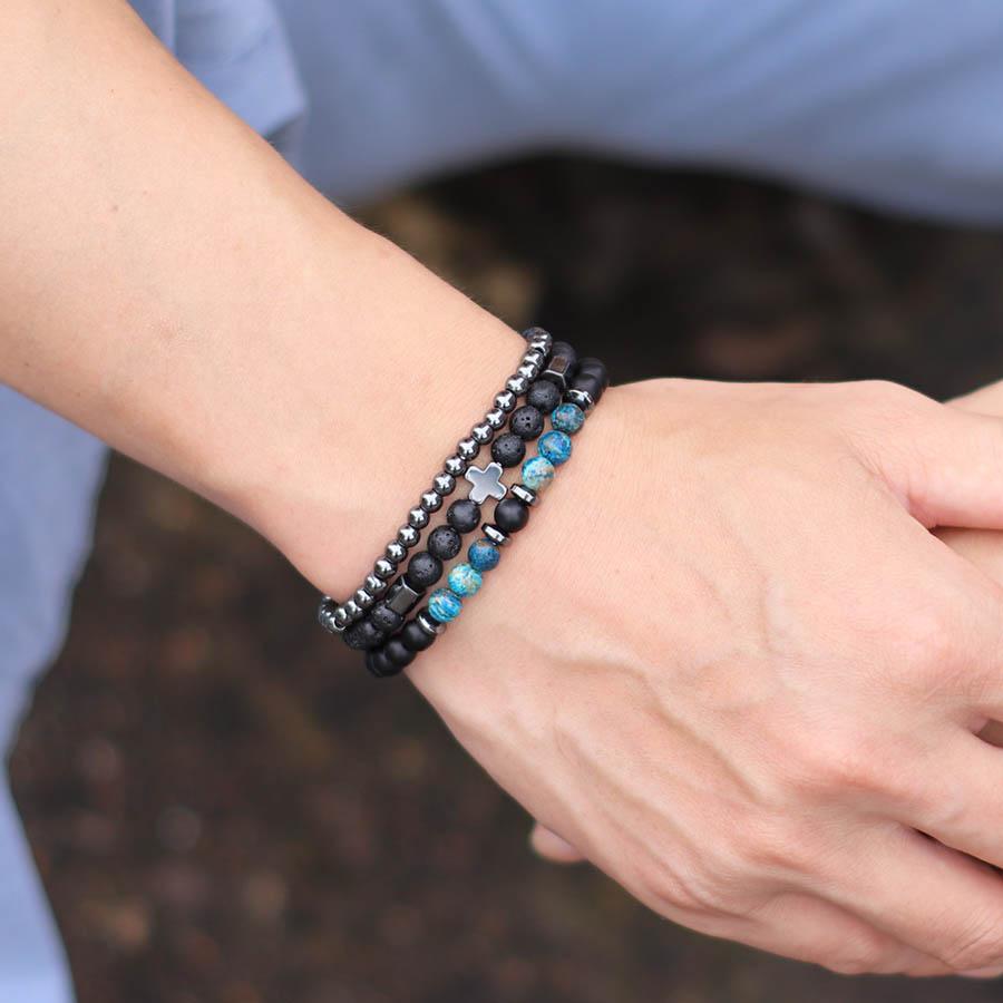 Novel 3Pcs Men Bracelet Set Hematite Healing Braslet Natural Tiger Eyes Lava Stone Beaded Cross Braclet Perfect Gift For Him