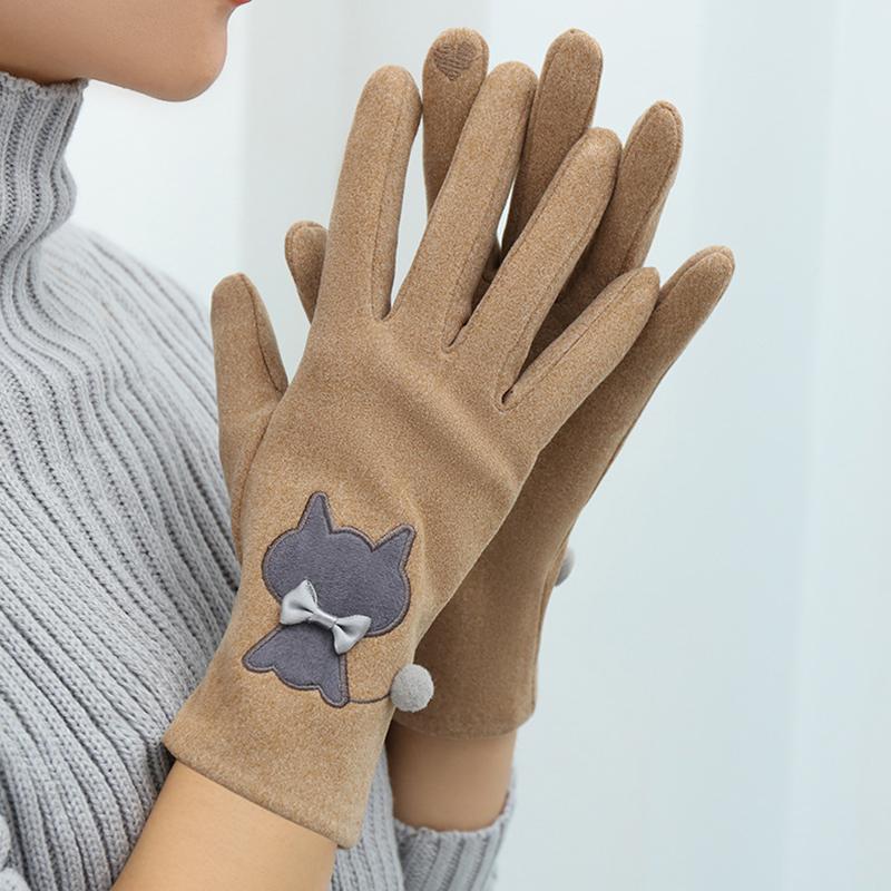Women Touch Screen Outdoor Gloves Winter Fleece Riding Cat Embroidery Driving Elastic Gloves Warm One Size Fits All