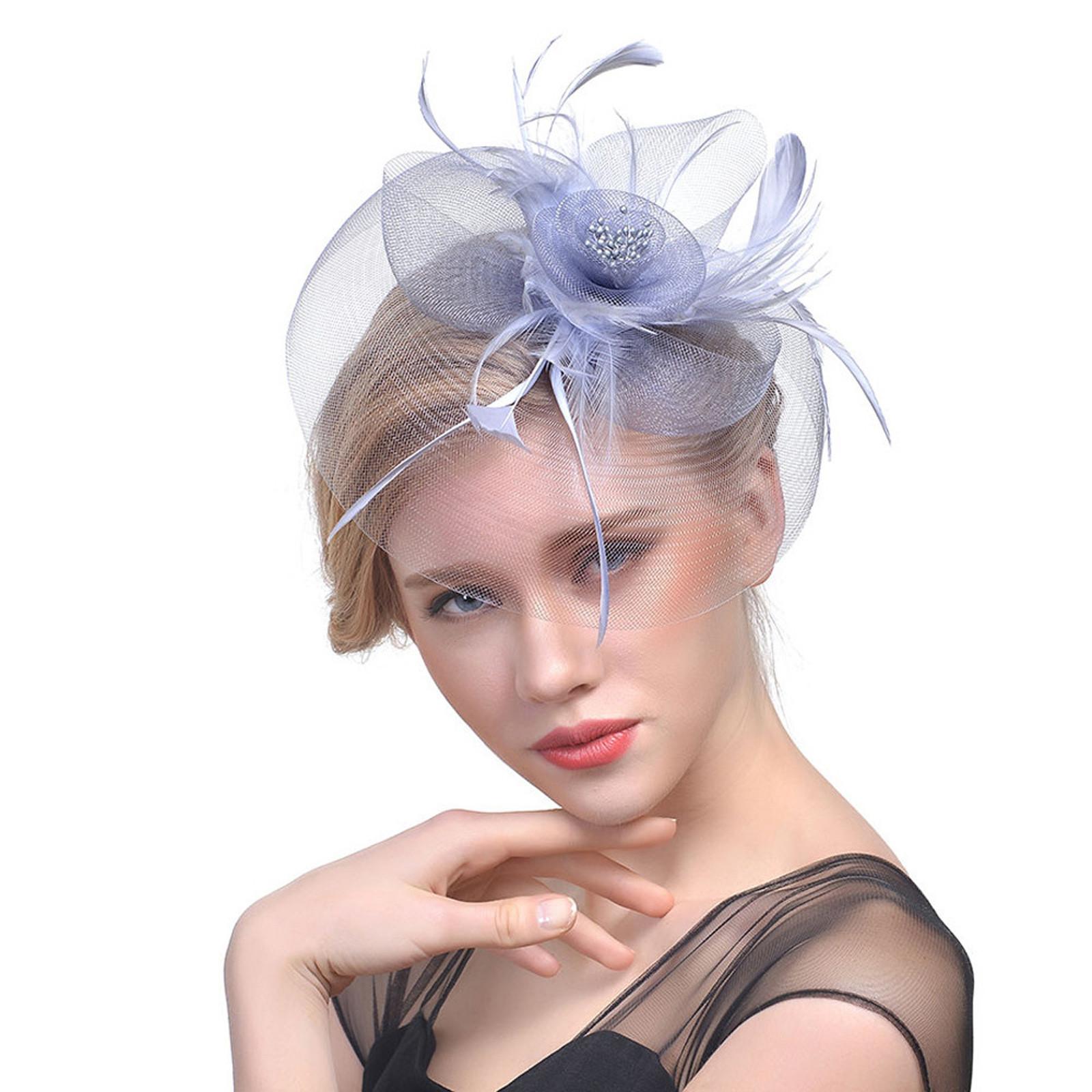 

Женщины цветок сетки ленты перья повязка на голову коктейль чаепитие шляпа головные уборы One Size серый