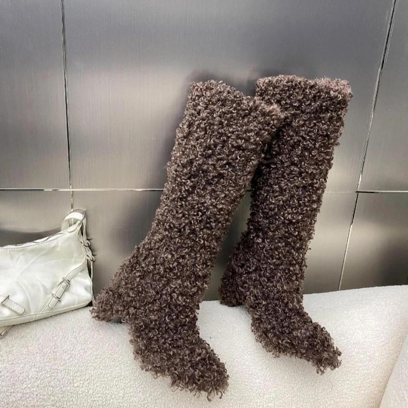 Fashion New Winter Rolled Plush Square Toe Thick Heel Knee High Boots European American Fashion Short Plush Warm High-heel Cotton Boots