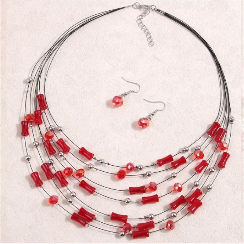 Ethnic Boho Multilayer Crystal Beads Necklace Earrings for Women Bohemian Jewelry Set Party Wedding Statement Choker Collar