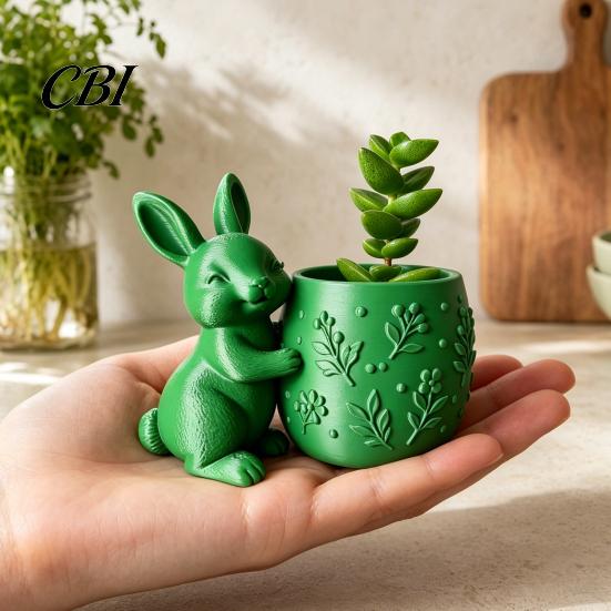 Small Desktop Planter 3D Printed Bunny Hugging Succulents Planter, Cute Rabbit Flower Pot with Embossed Design Floral Body, Mini Desk Decor for Office