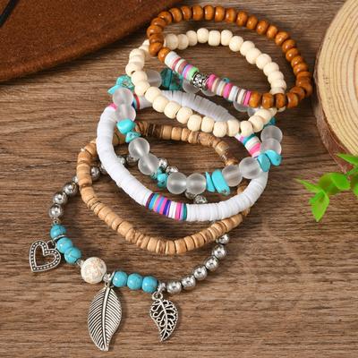 New Coconut Shell Wood Beads Beaded Soft Pottery Pearl Stone Leather Men's and Women's Bracelets Bracelets 6-piece Set