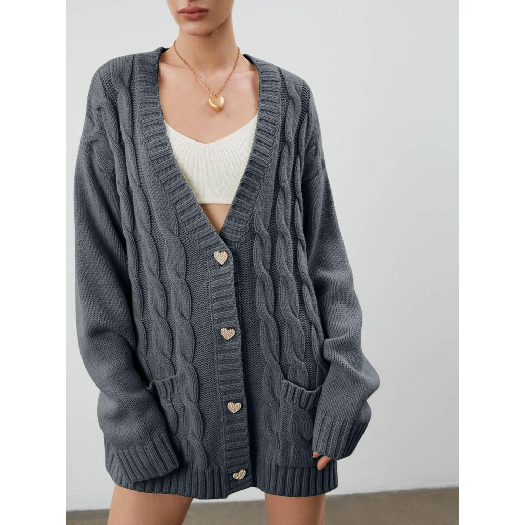 2023 Fall/Winter Trend Women New Casual Loose Knitted Loose Heart Button With Pocket Cardigan Shawls