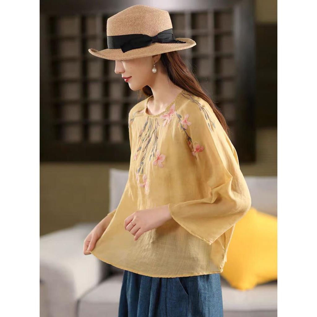 Summer new cotton and linen embroidered blouse long-sleeved women's light and thin loose casual large-size cotton and linen top