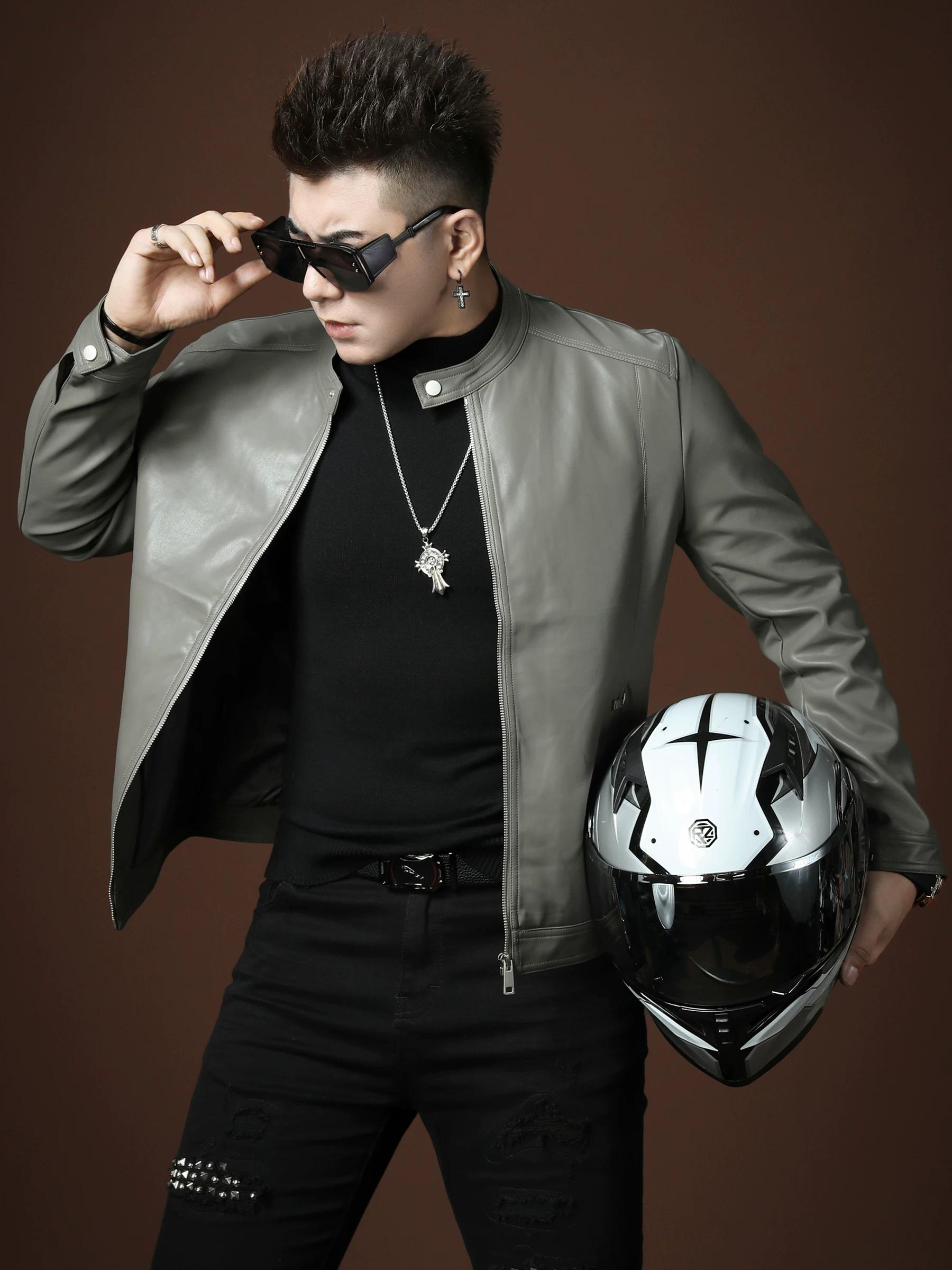 Men s Stand-Collar Motorcycle Leather Jacket 2XL чёрный