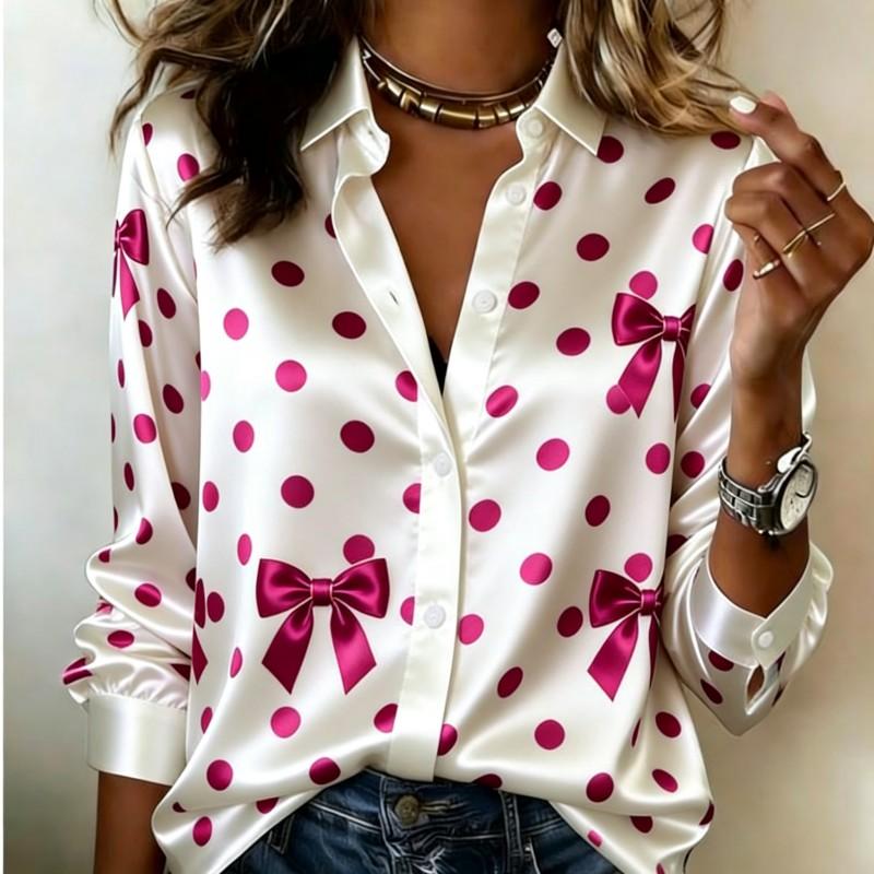 Women Satin Long Sleeve Shirt Polka Dot Bow Print Blouse Lapel Single Breasted Loose Office Tops