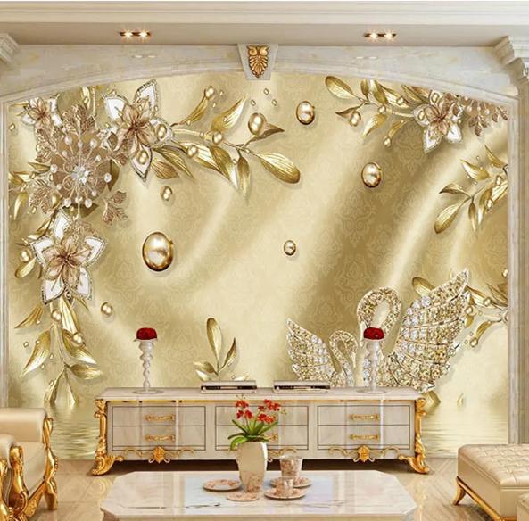 

Wallpaper 3D Stereo Golden Flower Wallpaper Jewelry European Style Luxury Murals Living Room TV Hotel Backdrop Wall Paintings 200 cm(W) x 140 cm(H)