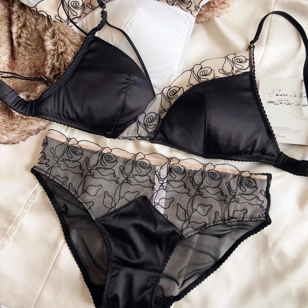 Summer Women Underwear Sexy Lace Embroidery Bra Set French Thin Cup Silken Wireless Bralette Ladies Lingerie Briefs With Thong