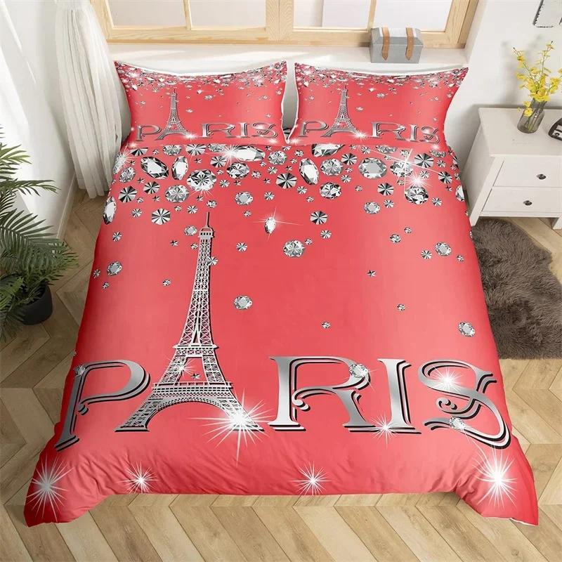Paris Duvet Cover Set Eiffel Tower Bedding Set Queen Polyester Romantic French Flower Quilt Cover For Girl Teen Women Room Decor