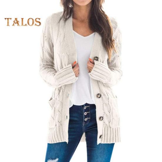 Dámský svetr bunda s dlouhým rukávem, zapínání na knoflíky, zimní kabát s kapsou, jednobarevný svetr s volným střihem