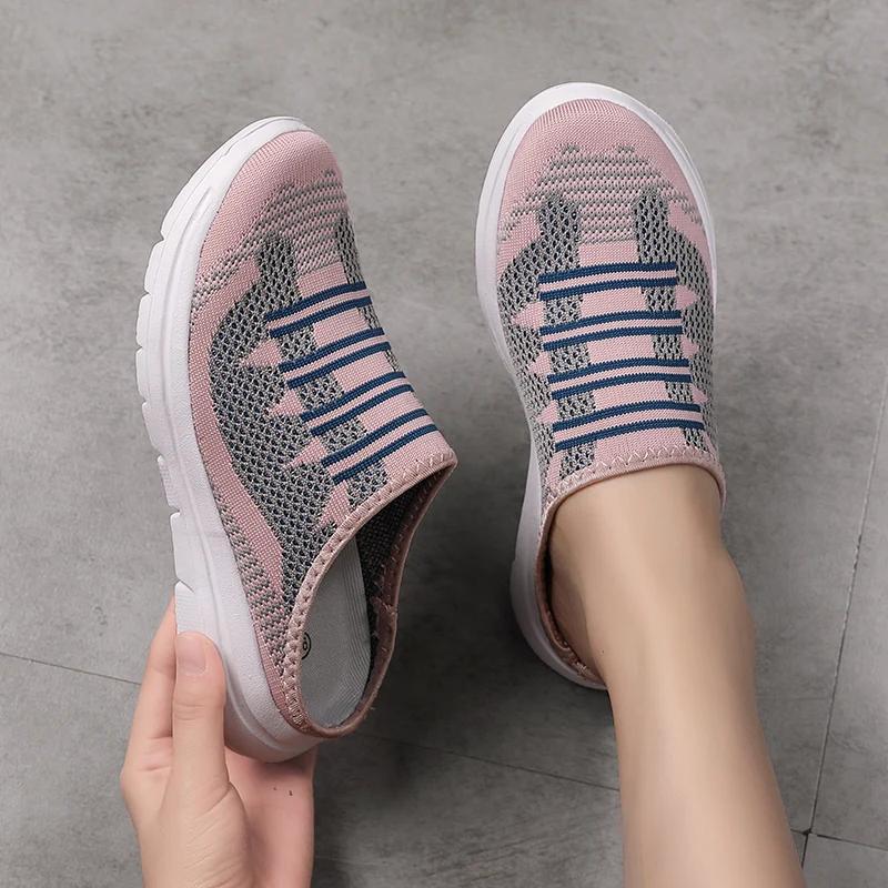 Fashion Lightweight Round Toe Slippers for Women Mules Flats Soft House Slippers Female Slides Black Mesh Lazy Shoes Zapatillas De Mujer