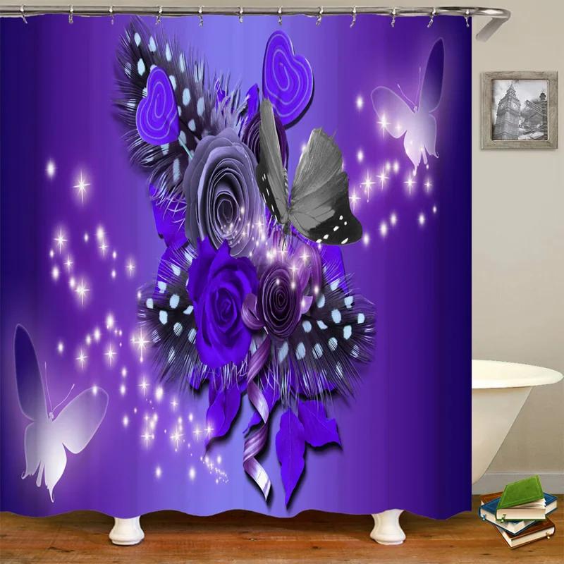 Blooming Flowers Rose Butterfly Shower Curtain Waterproof Modern Bathroom Decor, Waterproof Fabric Shower Curtain with Hooks