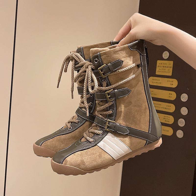 

Женские боксерские ботинки на толстой подошве, контрастные, новые осенне-зимние 2025, ретро, на шнуровке, короткие ботинки с пряжкой-ремнем, высокие, повседневные ботинки Мартин 40 оливковое зеленый