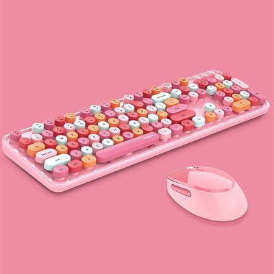 USB Wireless Keyboard and Mouse with Multicolor Round Cute Candy Compatible with Laptops and PCs 2.4G Typewriter-Style Keycaps, Colors, (Pink 2)