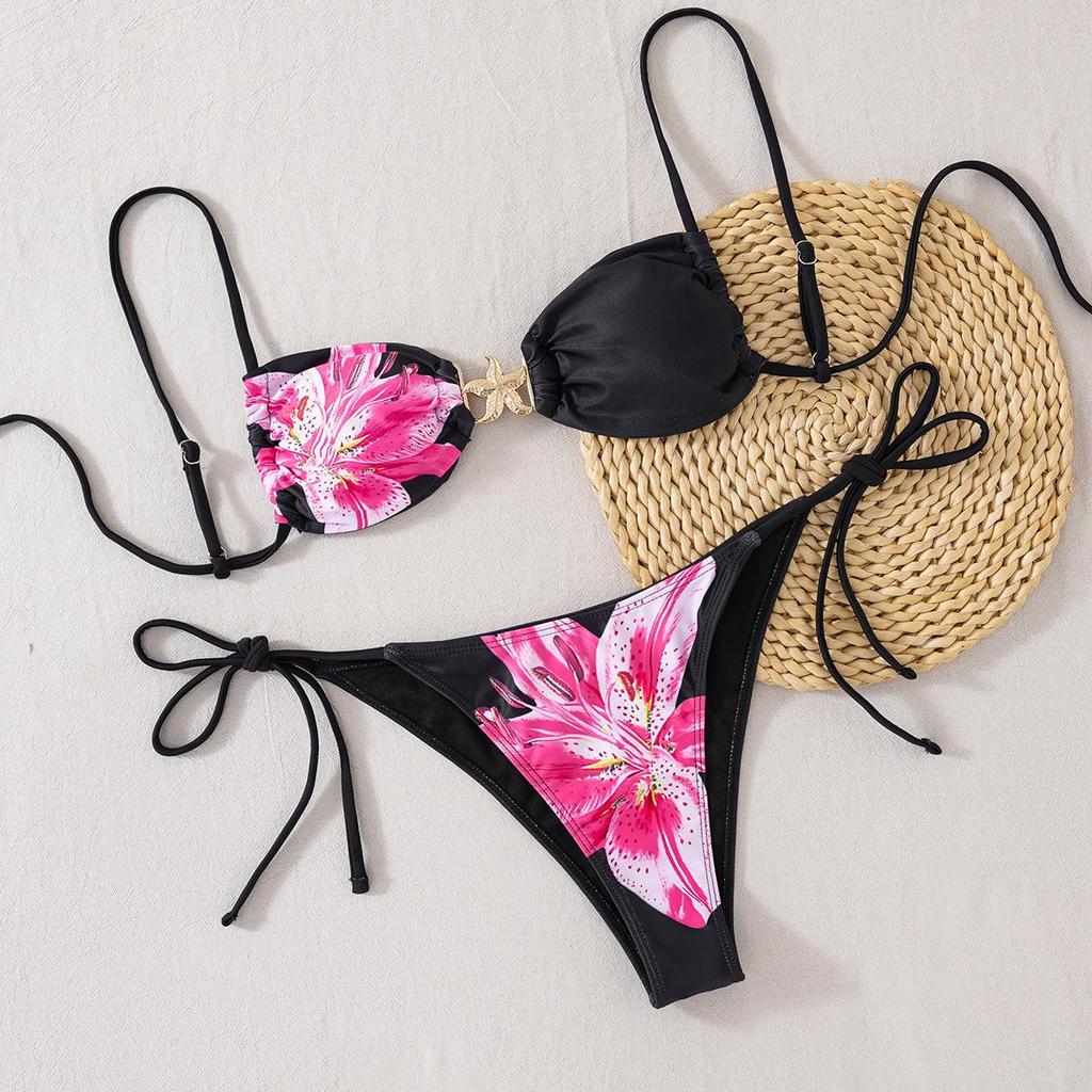 2025 Europäischer & Amerikanischer Uni-Farben Seestern Schnür-Bikini Zweiteiliger Badeanzug