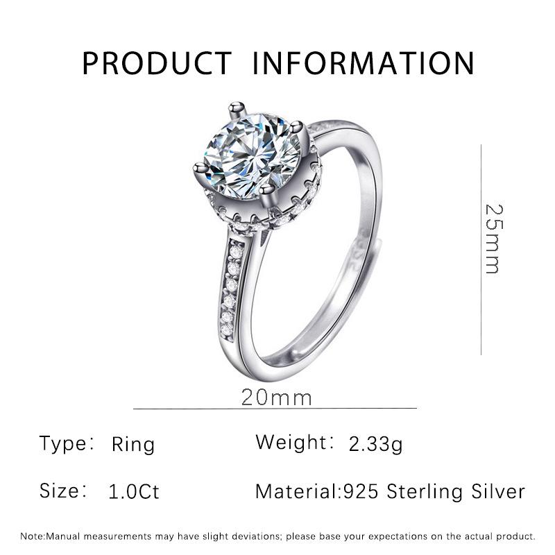 1 Carat Moissanite Silver Ring, S925 Silver, PT950 White Gold, Colorfast. 6.5mm Zircon