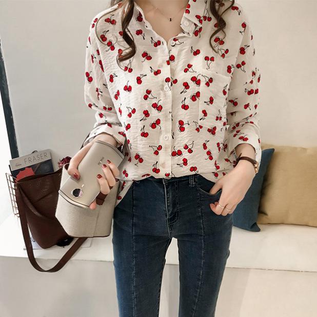 

Рубашка с вишневым принтом больших размеров с длинным рукавом для женщин - Коллекция весна/осень 2025: Новый топ свободного кроя 3XL белый