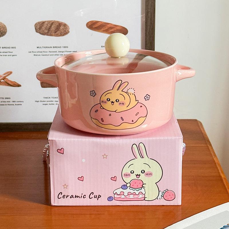 High-value Cute Tableware Ceramic Instant Noodle Bowl with Lid Children's Rice Bowl Student Dormitory Instant Noodle Bowl Binaural Soup Bowl