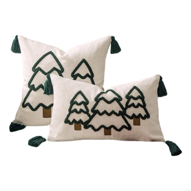 2Pieces Festival Embroidery Pillow Cover Cotton Linen Fabric Soft Breathable For Christmas Seasonal Decoration